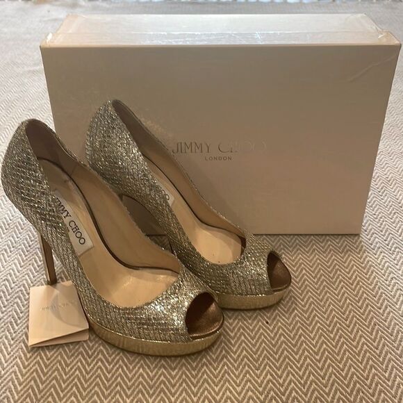 Jimmy Choo Authentic Glitter Fabric Champagne Stiletto Peep Toe Platform… - Picture 2 of 13